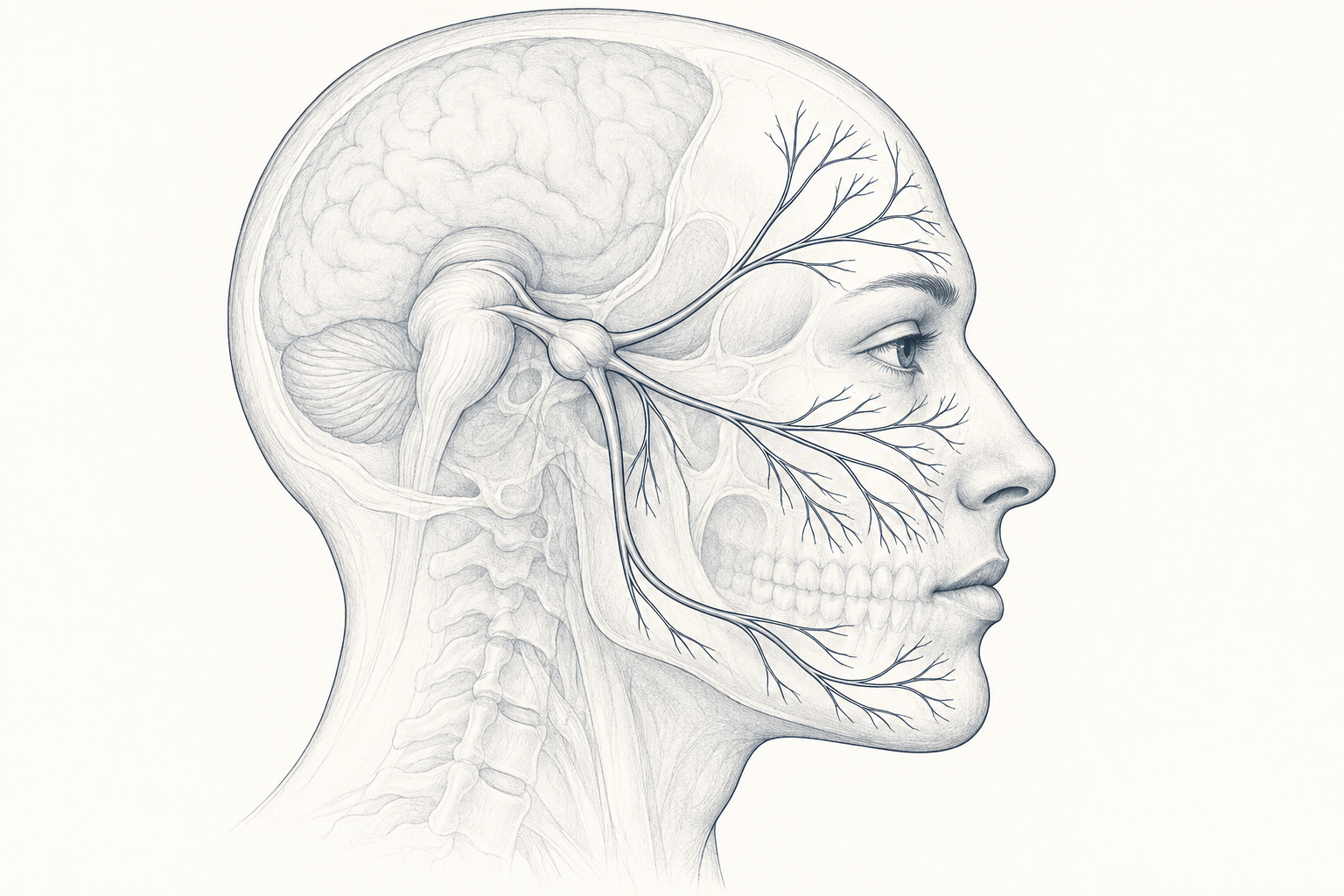 Monochrome anatomische Darstellung des Trigeminusnervs und seiner drei Äste